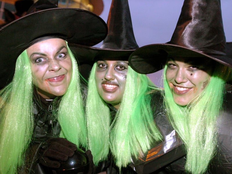 Left to Right: Louisa Pye, Tarah Siddons, and Annie Scott dressed as witches for Fright Night in Sheffield City Centre.