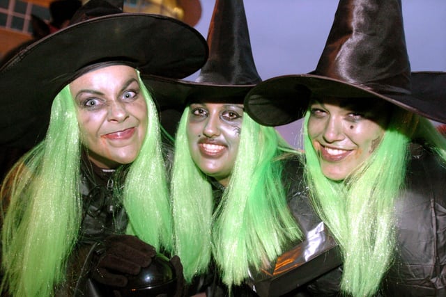 Left to Right: Louisa Pye, Tarah Siddons, and Annie Scott dressed as witches for Fright Night in Sheffield City Centre.