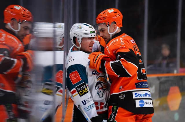 Mason Mitchell in action during Sheffield STeelers match against Belfast Giants