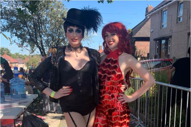 Drag queens during the Everybody's Talking About Jamie street party on Deerlands Avenue