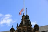 The union flag flying at half-mast above Sheffield Town Hall on Tuesday, May 10, marking the 40th anniversary of the sinking of HMS Sheffield