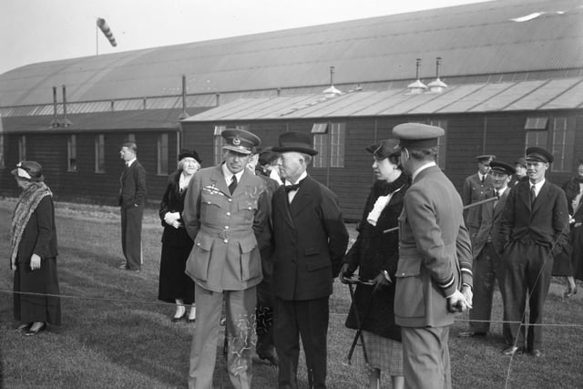 Civic dignitaries gathered for the opening of the new drill hall at Usworth Aerodrome in October 1936.