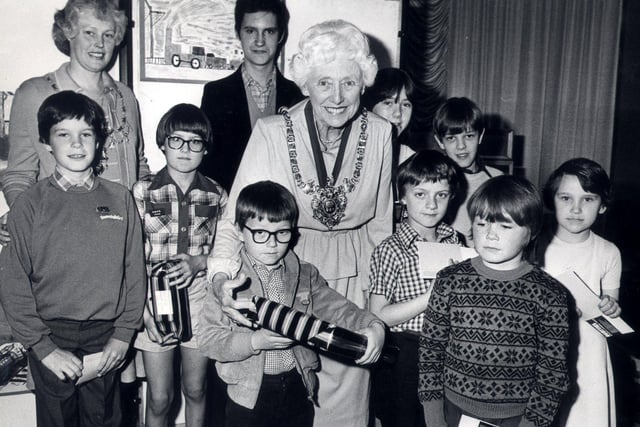 The Lord Mayor of Sheffield, Coun Enid Hattersley, with young prizewinners at the Sheffield Model Railway Exhiibition, May 28, 1981