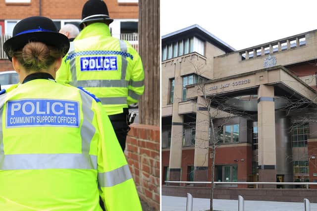 Sheffield Crown Court, pictured, has heard how a knife-wielding thug has been jailed after he threatened a shop supervisor during a crime spree in Sheffield.