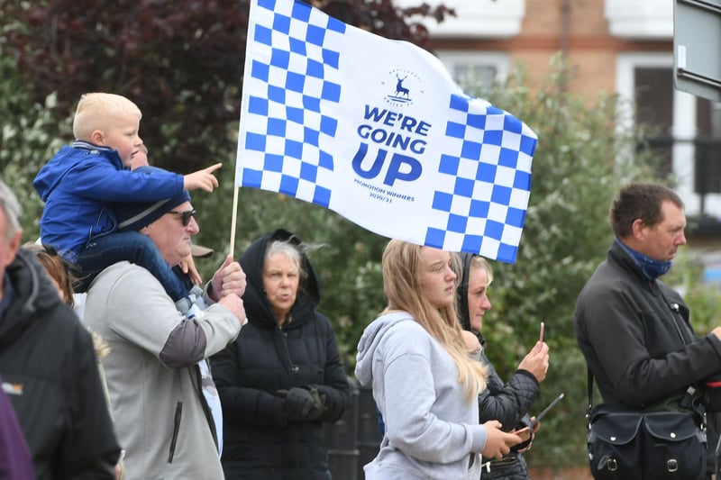 Fans wait for the The Hartlepool United open topped bus parade at the Marina.