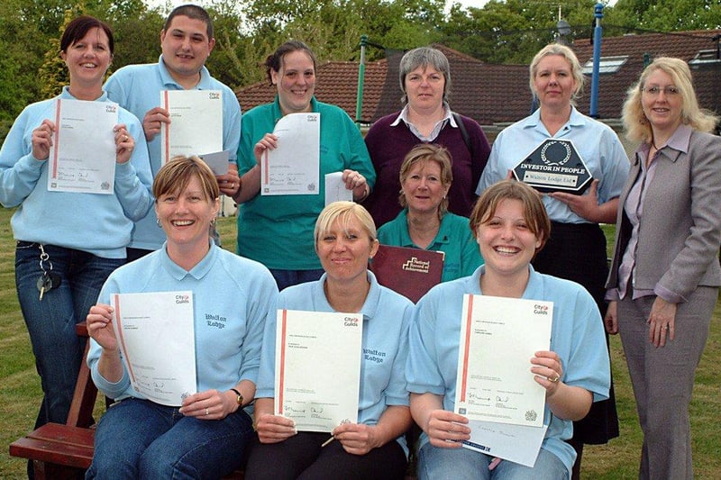 Walton Lodge residential home staff with their English Studies certificates in 2005
Back row left to right:
Tracey Ridley Care Assistant, Justin Parker Care Assistant, Amanda Errington Senior Care Assistant, Judy Crunkhorn Doncaster College Tutor, Wendy M Lloyd Care Home Manager, Pam Ward Doncaster College,
Front Row left to right:
Cerise Coy Care Assistant, Julie O'Callaghan Care Assistant, Angela Knowles Senior Care Assistant, Caroline James Care Assistant.