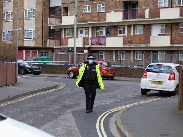 Police presence outside Weller House, Buckland, Portsmouth. Picture: Habibur Rahman