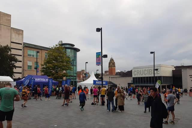 Runners preprare in the events village.