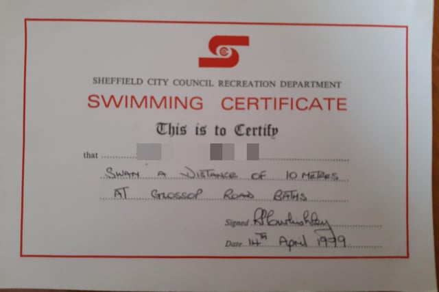 School swimming lessons saw children taken to Glossop Road Baths. In the 70s, you received a certificate like this one when you swam 10m for the first time.