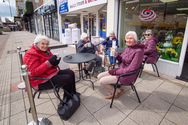 Members Southsea Morning WI having hot chocolate outside Sweet Cakes, Palmerston road, Southsea on 12 April 2021. Picture: Habibur Rahman
