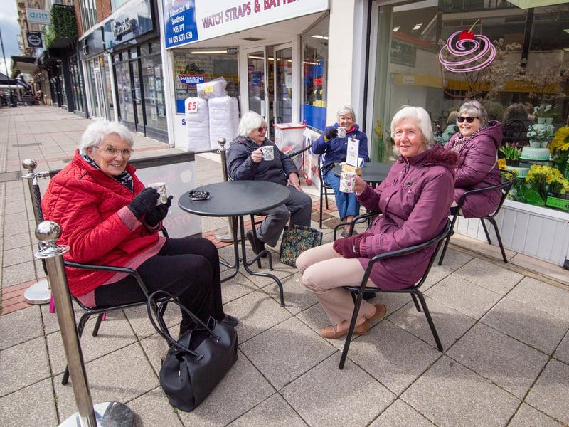 Members Southsea Morning WI having hot chocolate outside Sweet Cakes, Palmerston road, Southsea on 12 April 2021. Picture: Habibur Rahman
