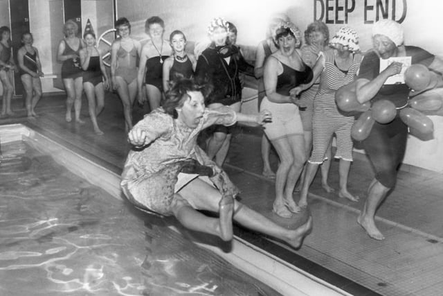 Members of the Sheffield Keep Fit Branch at their Swimming Gala in 1979 at Heeley Baths - not a nice way to treat the chairwoman!