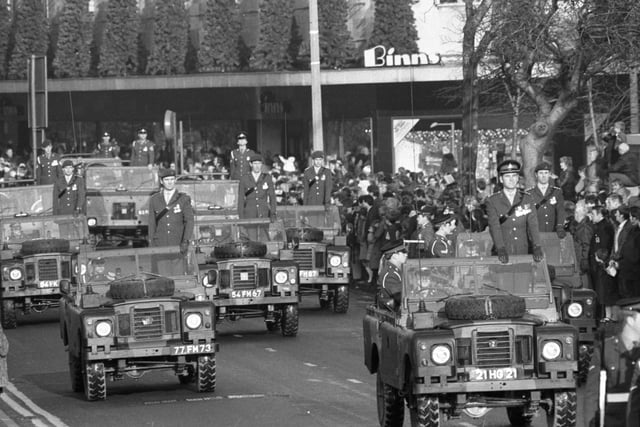 The 4th Field Regiment, Royal Artillery is pictured parading its colours through Sunderland in November 1982.