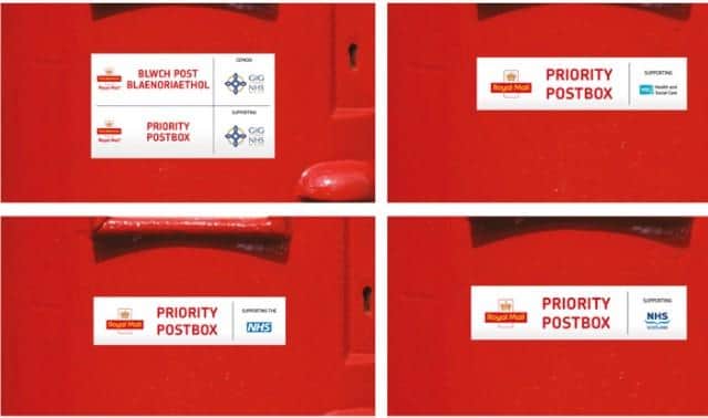 You can find a Royal Mail priority postbox for sending back your Covid PCR test by looking out for these stickers on the front. Photo by Royal Mail.