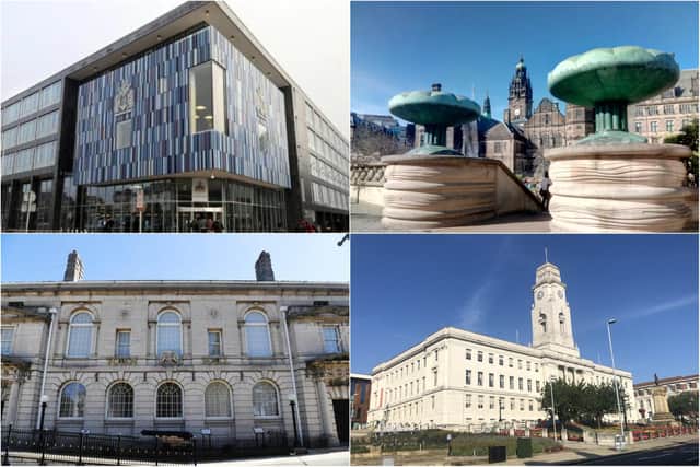 South Yorkshire's town halls. Top left: Doncaster Council. Top right: Sheffield Council. Bottom left: Rotherham Council. Bottom right: Barnsley Council.