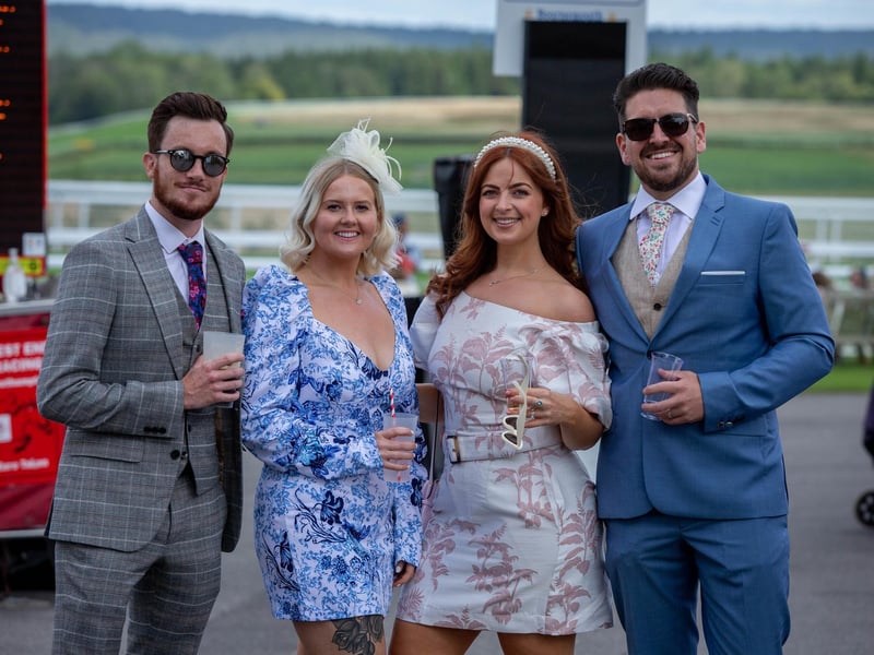 Ladies Day at Qatar Goodwood Festival, Goodwood on 29th July 2021
Pictured:  Ben Chivers-Gibbs, Danni Sykes and Laura and David Feltham from Chichester 
Picture: Habibur Rahman