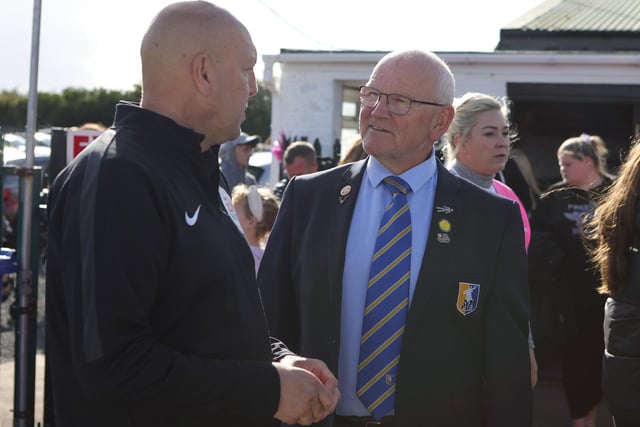 Stags PA announcer Alan Wilson chats to referee Dave Plowright - Pic by : Richard Parkes