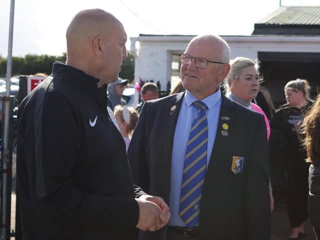 Stags PA announcer Alan Wilson chats to referee Dave Plowright - Pic by : Richard Parkes