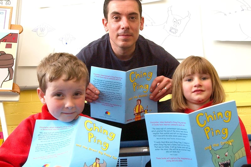 Story teller Adam Bushnell was pictured with two pupils when he visited Hutton Henry Primary School in 2006.