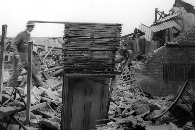 The scene of a Sunderland air raid on August 12, 1940. It seems that all that is left standing is this door.