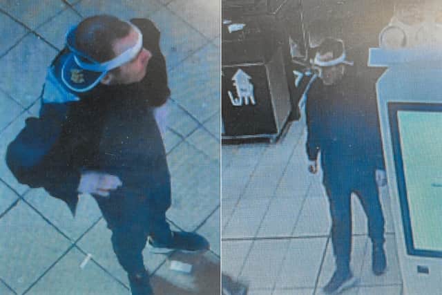 Officers have released CCTV images of a man they want to speak to in connection to a robbery in Sheffield city centre on April 8, 2023.