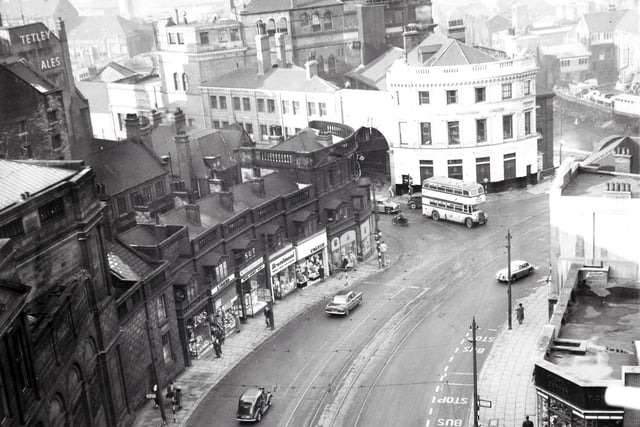 Just down from Haymarket is Waingate, the old and long gone shops at the bottom left include Hindley's tool store and the booking office of Sheffield United Tours.  The building at the bottom of the hill is the Lady's Bridge Hotel, with Tennants Brewery (later Whitbreads) behind on Bridge Street, 1960