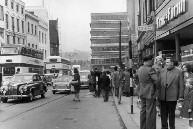 Buses on Haymarket, Sheffield, looking towards Castle Market, in 1961