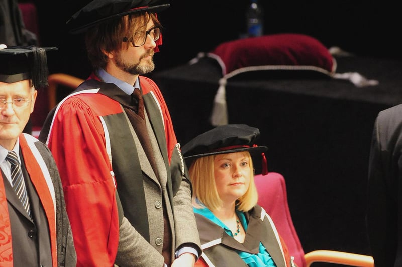 Musician Jarvis Cocker and Great Britain Paralympic table tennis player Sue Gilroy during a graduation ceremony, where they received honorary doctorates at Sheffield Hallam University in November 2009