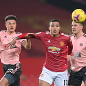 Ethan Ampadu and Phil Jagielka up against Mason Greenwood of Manchester United: Photo by LAURENCE GRIFFITHS/POOL/AFP via Getty Images
