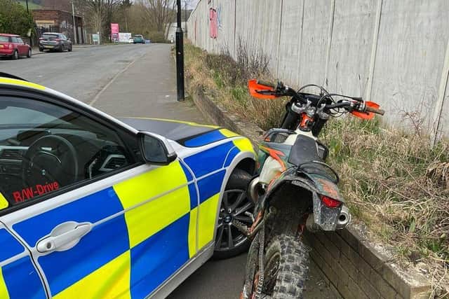 This motorbike was seized by police after being 'pinned' against a wall when the rider mounted the pavement in an attempt to evade officers