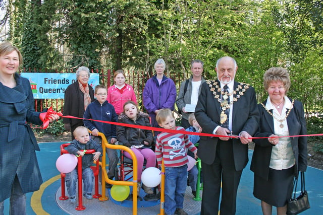 A new roundabout, which is specially designed to have room for a wheelchair user to ride on it, on the playground next to the café in Queen's Park was officially opened in 2009 by the Mayor and Mayoress of Chesterfield, Cllr Fred Quayle and Mrs Shirley Boulton and Friends of Queen's Park.