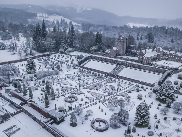 Snow covered Drummond Castle Gardens, Perthshire