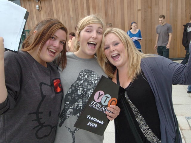 Celebrating their results at Yewland School in August 2009 are, from left to right, Faith Pearson (3 As, one B, 6 Cs), Harriet Steers(6 Bs, 4 Cs) and Sarah Ralph ( 1 A*, 4 As, 5 Bs)