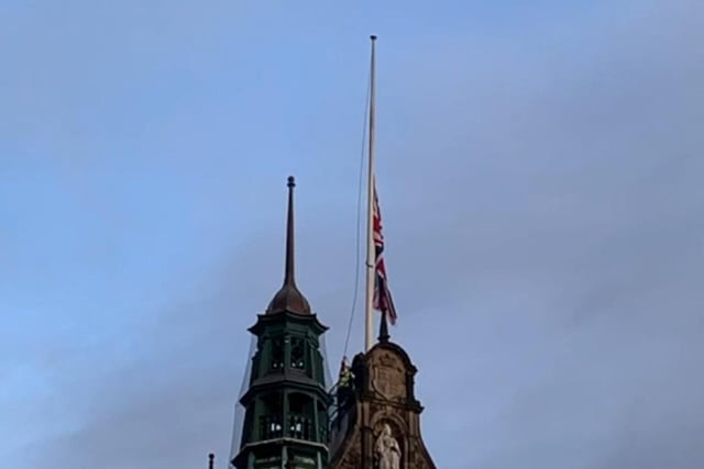 The Union Flag flying at half mast over  Sheffield Town Hall.