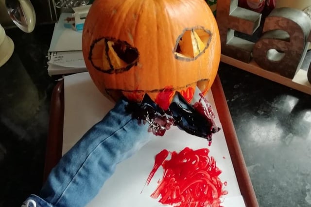 Scary pumpkin smile? Check. Bitten off leg? Check. Fake blood to complete the look? Check. An all-round good effort.