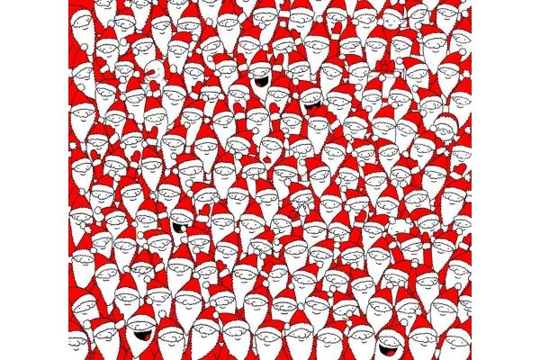 It may seem that this image is made up purely of jolly Santa's - but that’s not the case at all. Can you find Mrs Claus, a grump Santa, a snowman, a bell, a polar bear, an elf and an apple?
