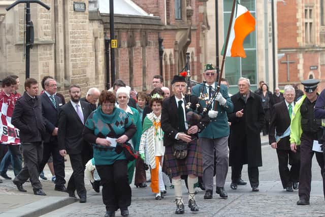 Sheffield's St Patrick's Day parade sets off from St Marie's Cathedral led by piper Joe McNulty on March 17, 2011