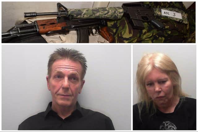 Top: Replica guns that a court heard were found at the home of Darren Reynolds, aged 60, of Newbould Crescent, Beighton. Bottom left: Darren Reynolds. Bottom right: Christine Grayson, agd 59, of Boothwood Road, York.