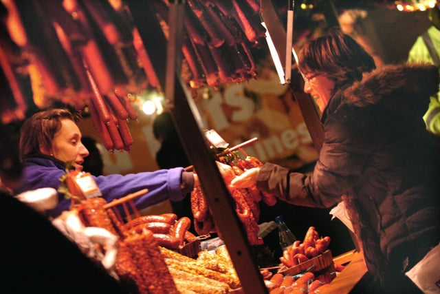 A salami and sausage stall at a German Christmas Market in Barkers Pool