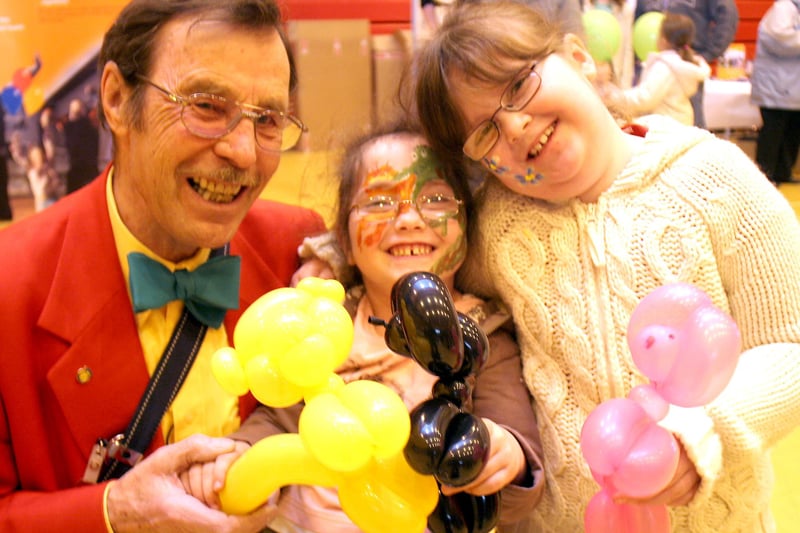 Chesterfield Royal Hospital family fun day at Queen's Park. Barrie Perkins (A Clowne without Make-Up), with Hope and Darcie Heeley pictured in 2007