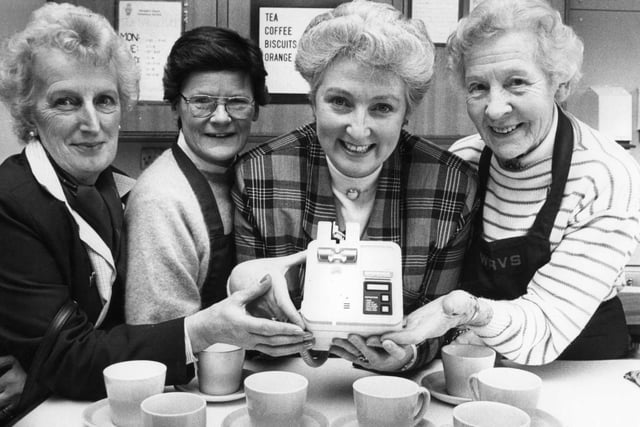 Margaret Rushton, head of midwifery at South Shields General Hospital, was pictured receiving an infusion pump for the ante-natal clinic in January 1989.  Pictured with her left to right are: Vera Skinner local WRVS organiser with tea bar ladies Marion Clarkson and Dorothy Cousins.