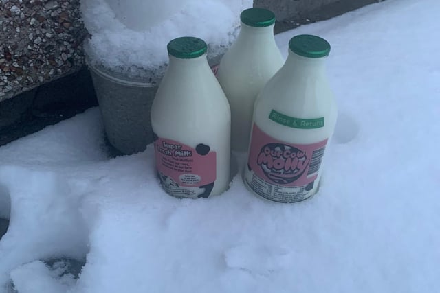 A grateful customer shared this photo of Our Cow Molly milk bottles waiting on their doorstep this morning despite the snow. The dairy farm says it has never failed to deliver because of the snow