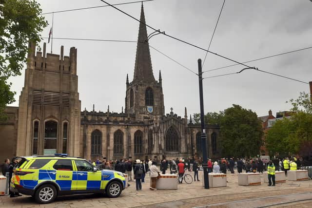 Sheffield Cathedral, on Church Street, hosted a commemoration in honour of the late Queen Elizabeth II as crowds gathered to capture footage of Her Majesty's funeral both inside and outside on two large screens.