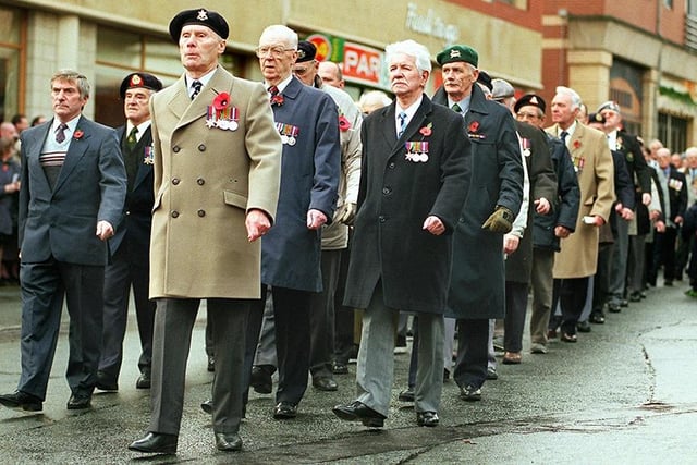 Old soldiers on the march at the Service of Remembrance at the Cenotaph in Barkers Pool in November 1999