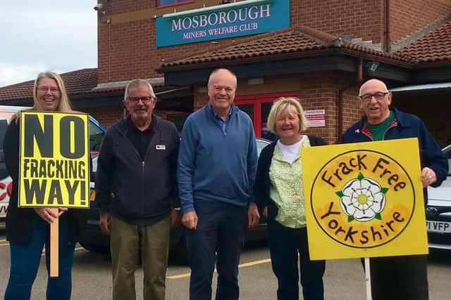 Sheffield South East MP Clive Betts, centre, and Mosborough councillor Tony Downing, right, with a no fracking message after the Government lifted a moratorium on exploration