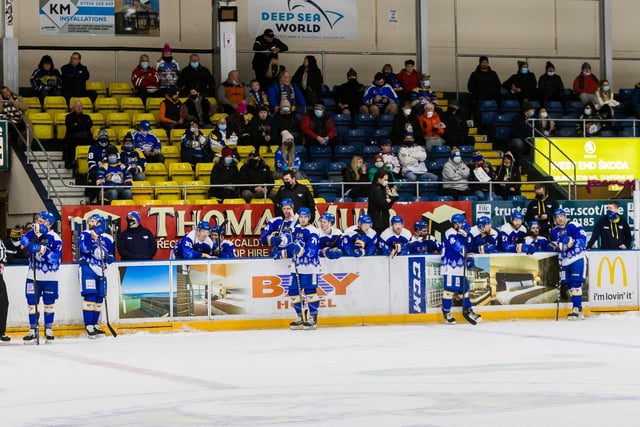 Looking across the ice pad to the fans sitting above the Fife Flyers' team bench