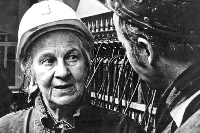 German sculptress and nun Tisa Schulenburg talks to overman Mr Russell Atkinson before going down to sketch miners at Westoe Colliery.