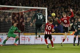 Oli McBurnie of Sheffield United forces a save from Martin Dubravka of Newcastle United during the Premier League match at Bramall Lane, Sheffield: Simon Bellis/Sportimage