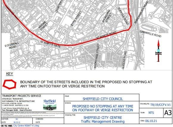 Map of Sheffield's city centre pavement parking ban. Sheffield Council’s £98,000 crackdown on illegal pavement parking is moving into its second phase tackling 17 city centre hotspots including West Street, High Street, Wicker and Arundel Gate.
