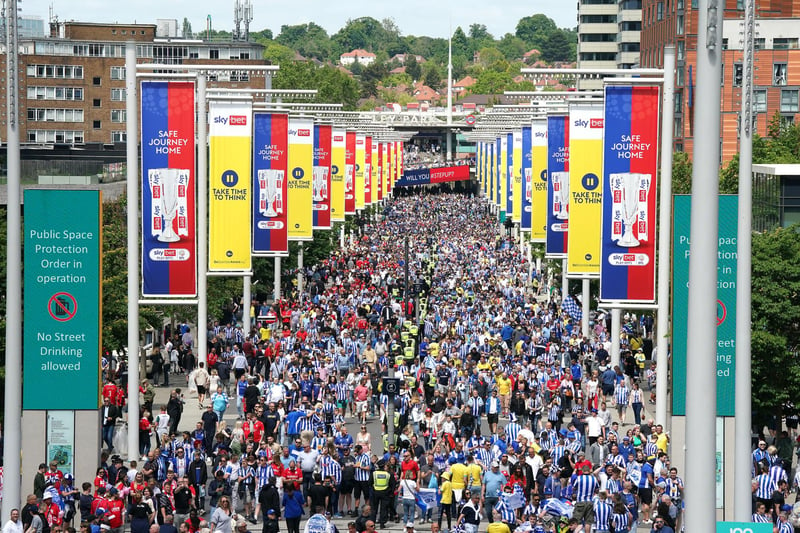 Barnsley and Sheffield Wednesday fans make their way to the stadium ahead of the Sky Bet League One play-off final at Wembley Stadium Nick Potts/PA Wire.